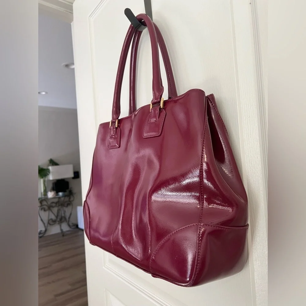 Tory Burch Burgundy Patent Leather Tote Structured Work Bag